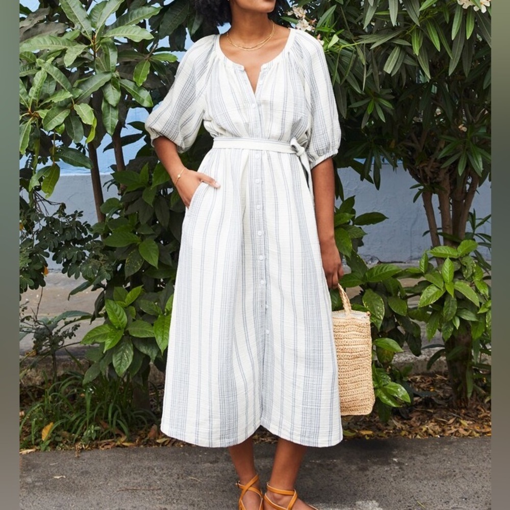Faherty Dream Cotton Gauze Carmel Dress Belted Pockets Neutral Xs